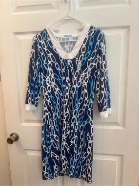J. McLaughlin Navy, Aqua and White Chain-Print Long Sleeve Dress